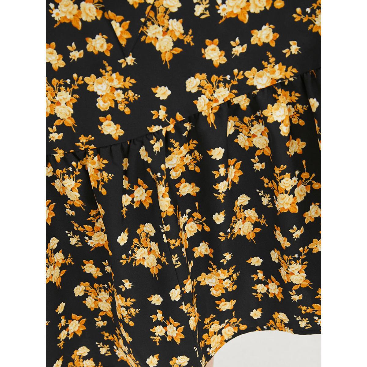 Plus Size Floral Printed Pocket Lantern Sleeve Belted Wrap Midi Dress Black Women Elegant V-neck Long Sleeve Curvy Midi Dress BloomChic 12/L Product Image