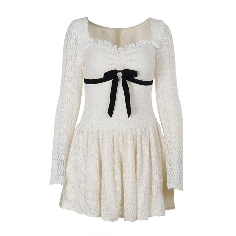 Long Sleeve Square-Neck Ruffled-Trim Plain Bow Accent Slim-Fit Mini A-Line Dress Product Image