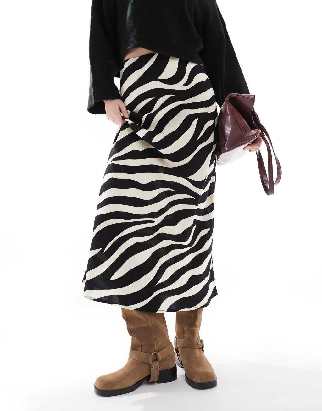 Object satin ankle skirt in mono zebra print Product Image