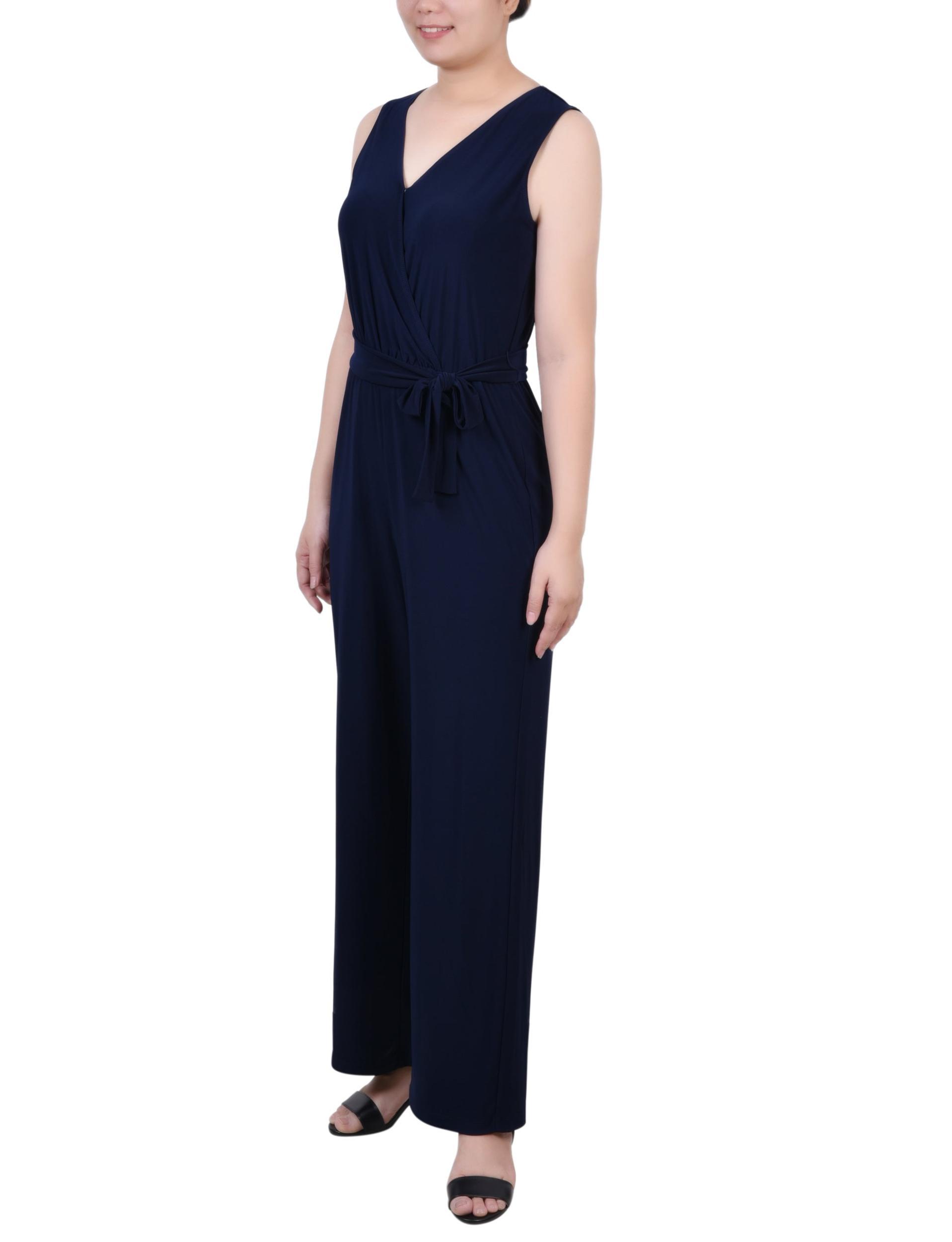 Navy Sleeveless Belted Jumpsuit - Petite Product Image