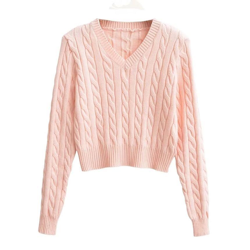 V-Neck Cable Knit Plain Crop Sweater Product Image
