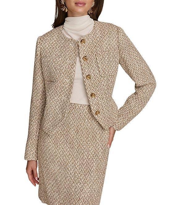Donna Karan Tweed Collarless Crew Neck Button-Front Cropped Jacket Product Image