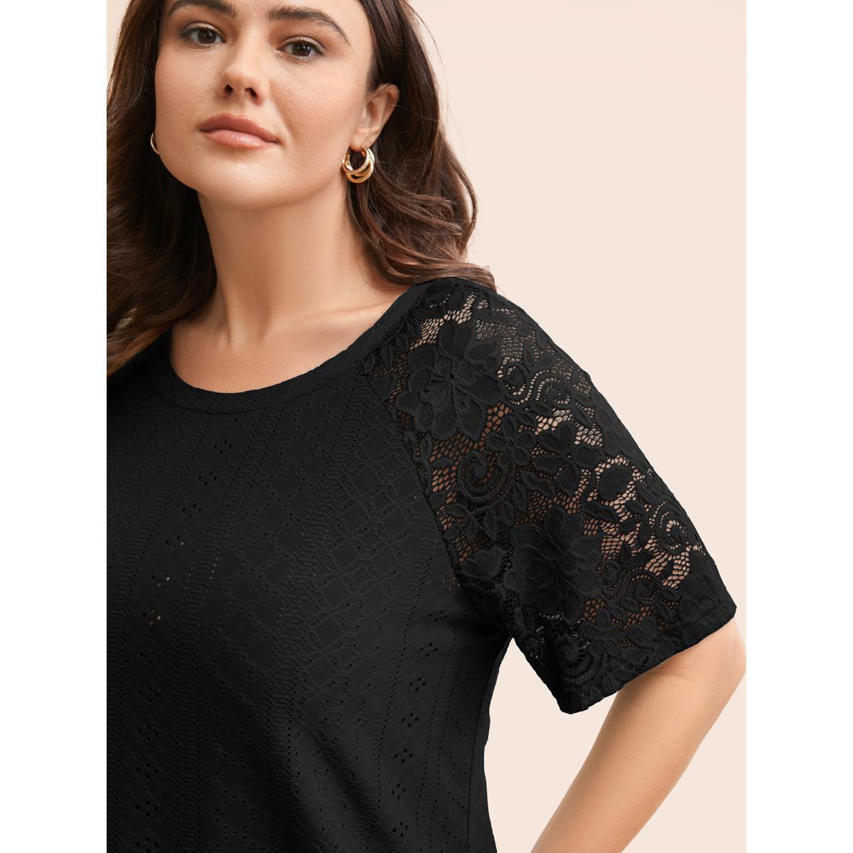 Plus Size Solid Broderie Anglaise Lace Raglan Sleeve T-shirt Black Women Elegant See through Plain Round Neck Everyday T-shirts BloomChic 30/6X Product Image