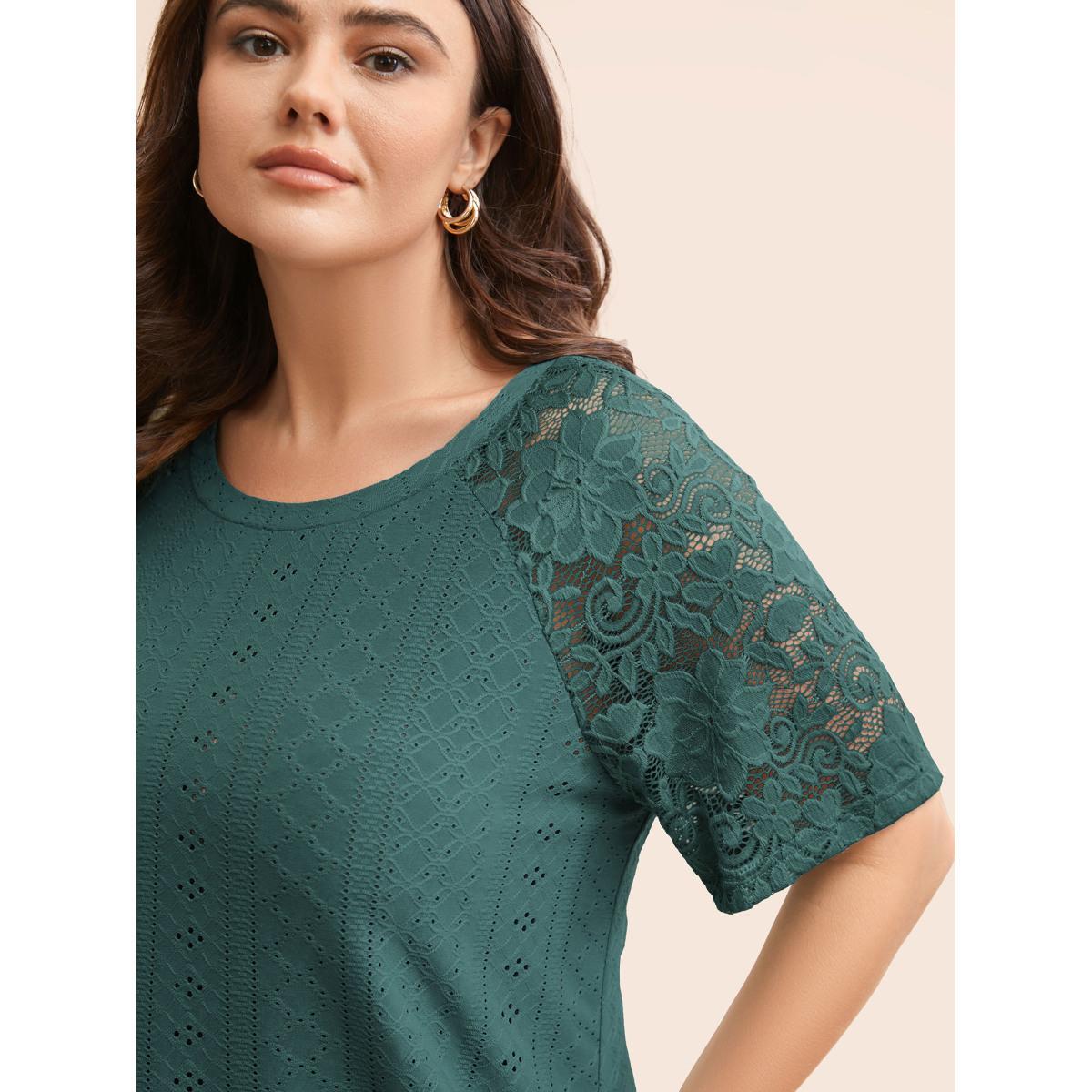 Plus Size Solid Broderie Anglaise Lace Raglan Sleeve T-shirt Cyan Women Elegant See through Plain Round Neck Everyday T-shirts BloomChic 14-16/1X Product Image