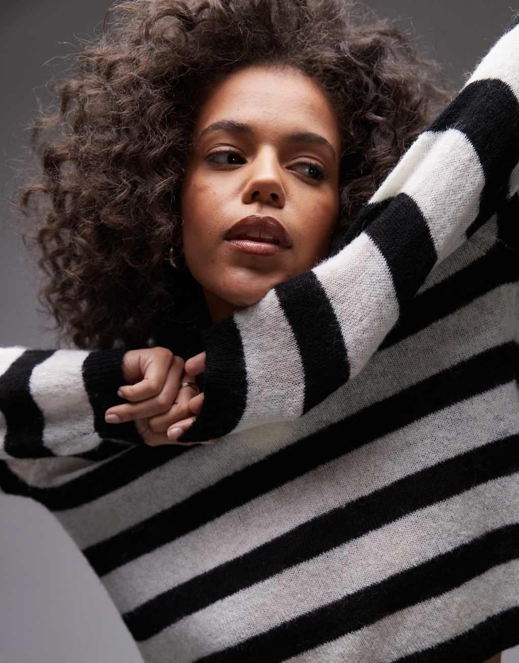 Topshop knit light weight striped polo shirt in black and white Product Image