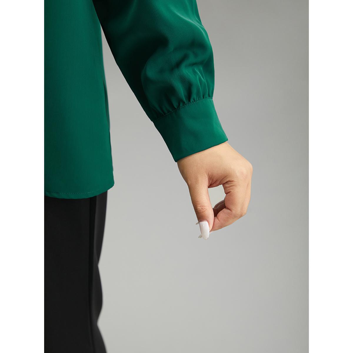 Plus Size DarkGreen Static-Free Button Detail Pleated Blouse Women Office Long Sleeve V-neck Work Blouses BloomChic 30/6X Product Image
