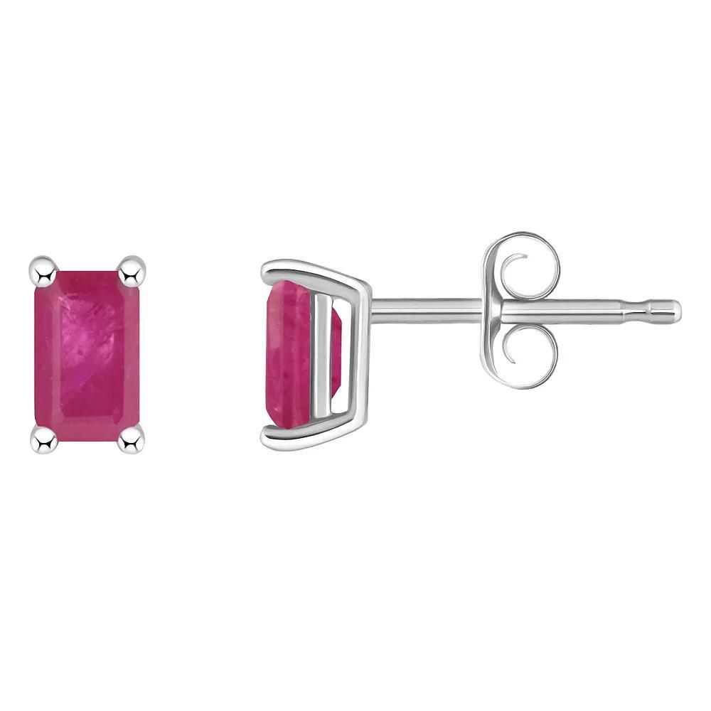 14k White Gold Emerald Cut Birthstone Stud Earrings, Women's, Red Jul Product Image