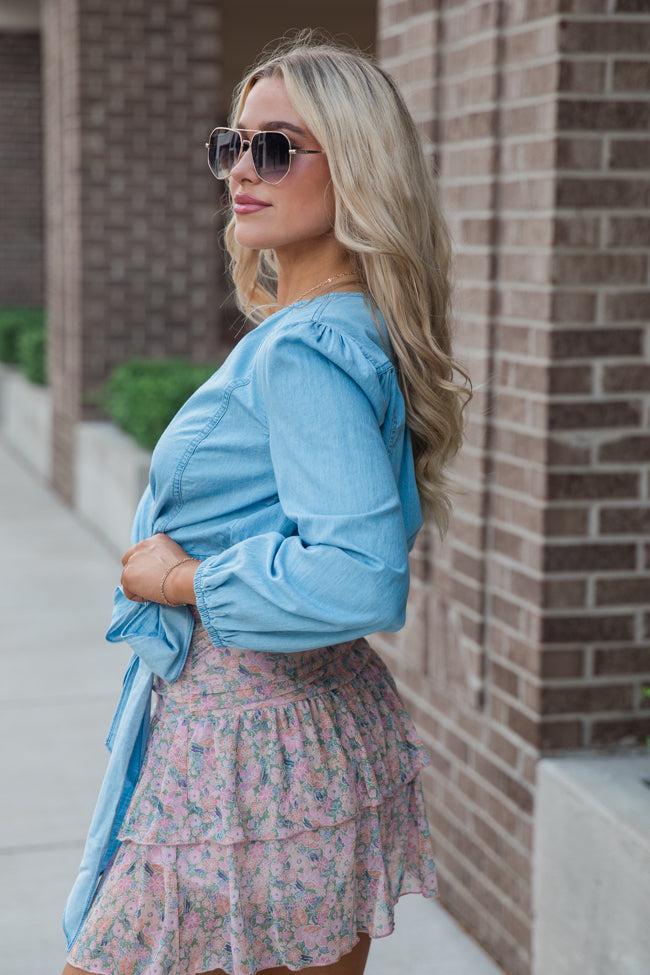 Per Diem Light Wash Chambray Wrap Blouse SALE Product Image