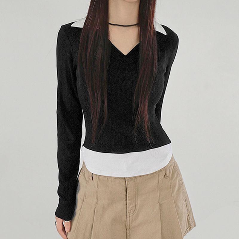 Long Sleeve V-Neck Mock Two Piece Crop Top Product Image