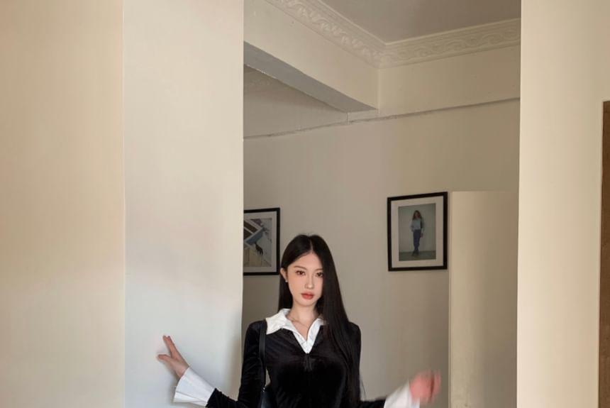 Mock Two-Piece Long-Sleeve Collar Two Tone Velvet Mini Sheath Dress Product Image