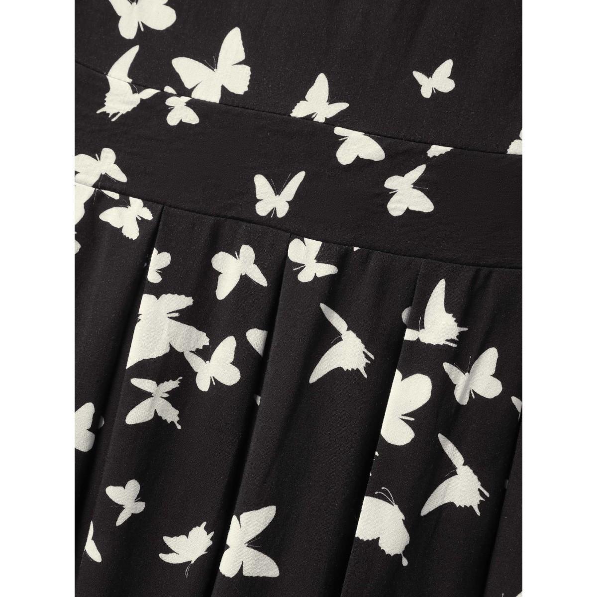 Plus Size Rayon Monochrome Butterfly Stretchy Midi Dress BlackFlower Women Boat Neck Cap Sleeve Curvy BloomChic 12/L Product Image