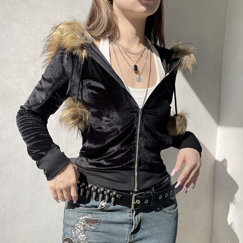 Hooded Faux Fur Trim Zip Up Crop Jacket Product Image