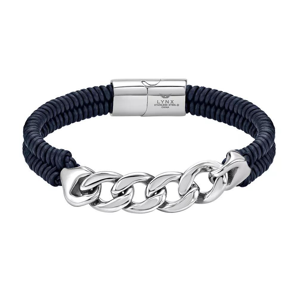LYNX Men's Stainless Steel Curb Chain & Blue Leather Bracelet, Size: 8.5" Product Image