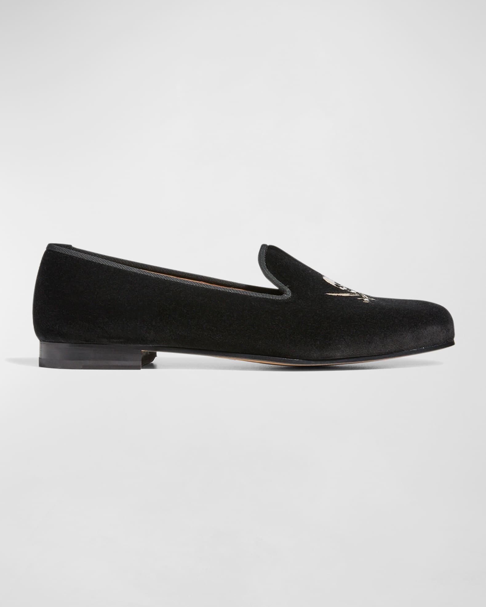 Men's Jolly Roger Skull Embroidered Velvet Smoking Slippers Product Image