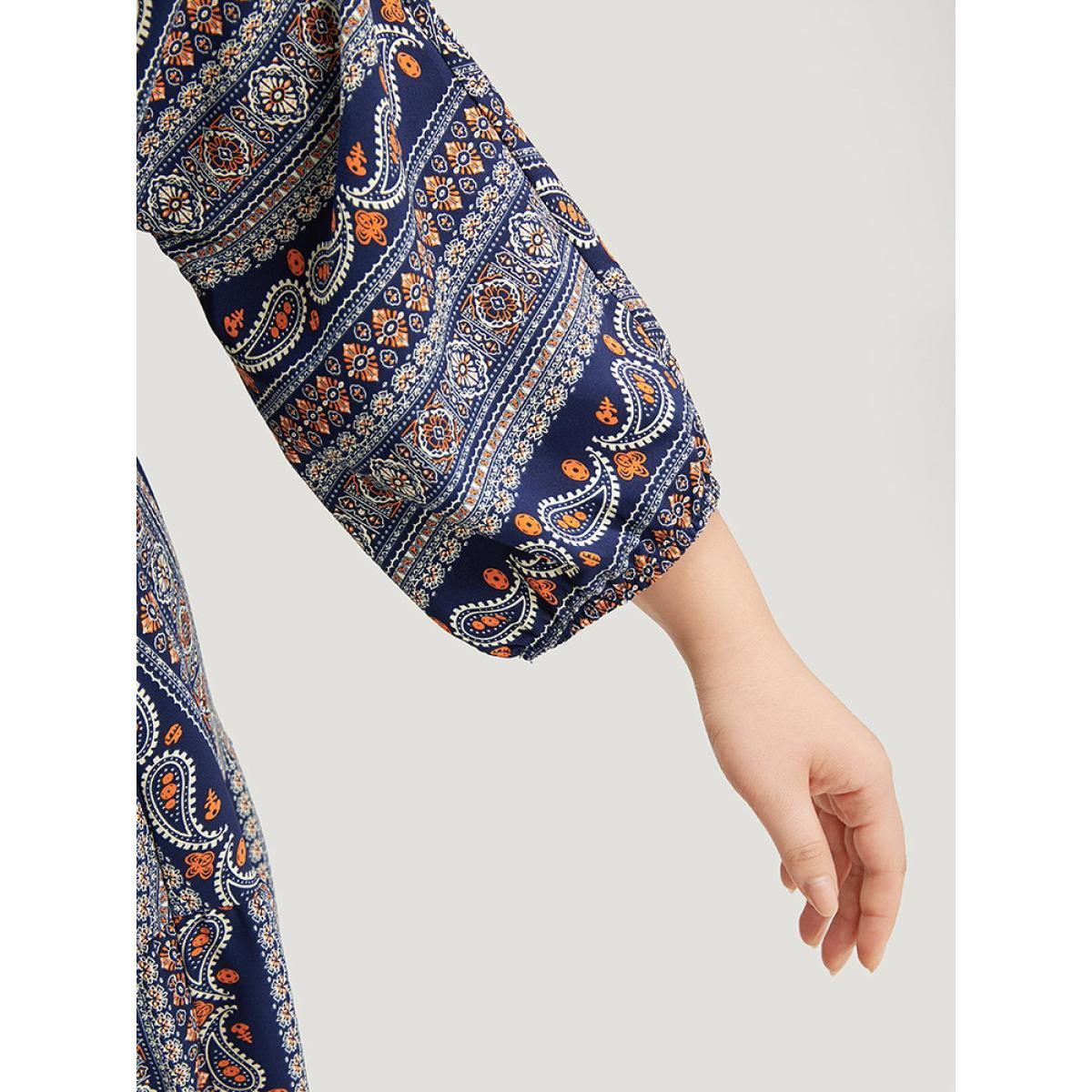 Plus Size Bandana Print Elastic Cuffs Layered Hem Dress DarkBlue Women Vacation Elastic cuffs V-neck Elbow-length sleeve Curvy Midi Dress BloomChic 14-16/1X Product Image