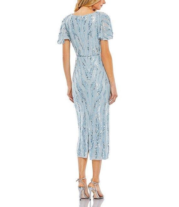 Mac Duggal Embellished Sequin Plunge V-Neck Short Flutter Sleeve Midi Sheath Dress Product Image