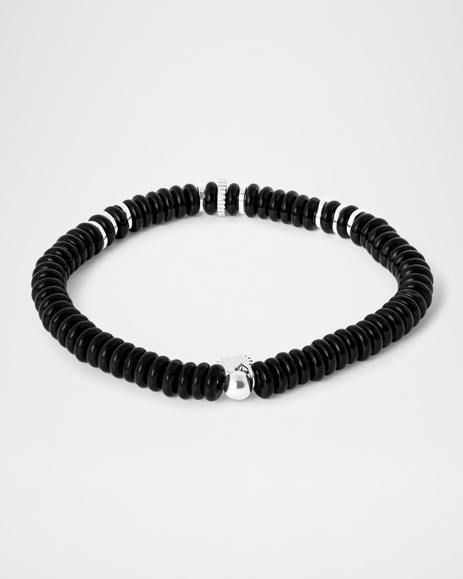 Men's Sterling Silver Disc Gear and Black Agate Beaded Bracelet Product Image
