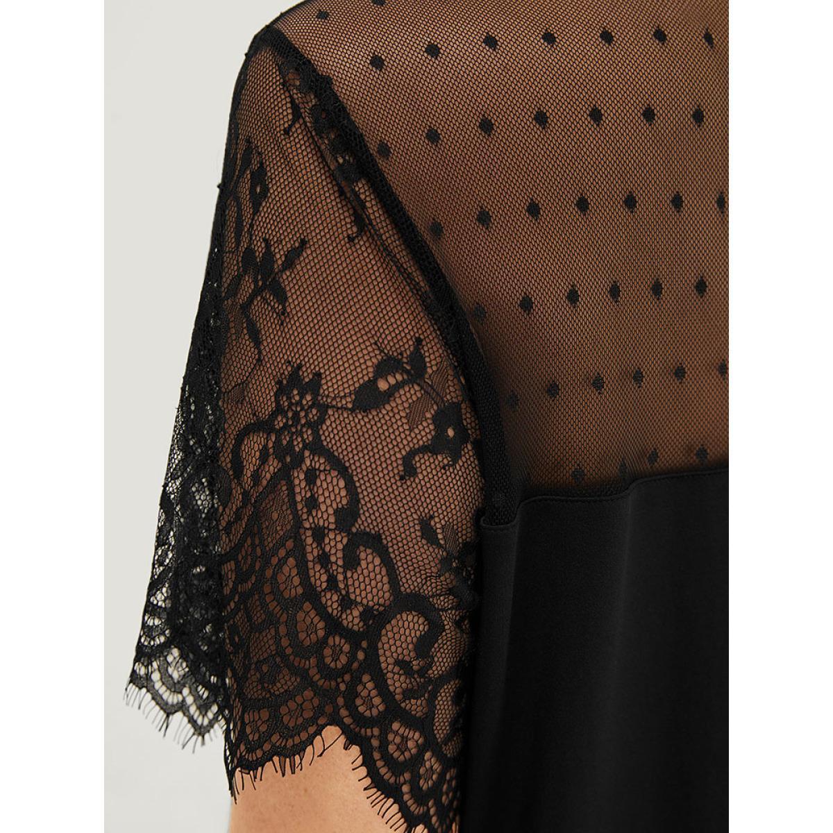 Plus Size Plain Pocket Lace Mesh Patchwork Dress Black Women Elegant Patchwork Round Neck Short sleeve Curvy Midi Dress BloomChic 28/5X Product Image