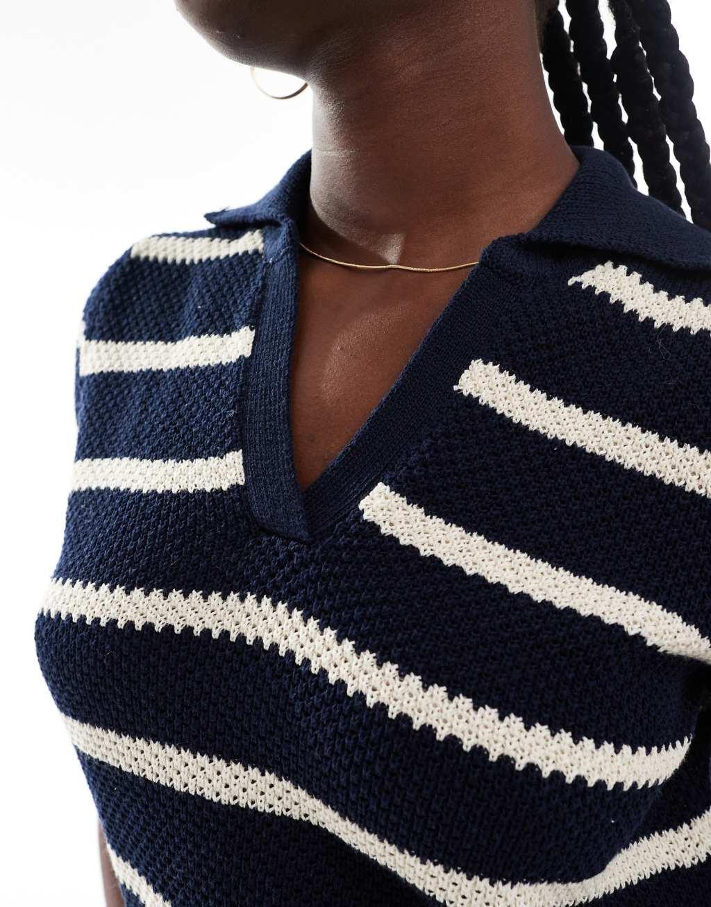 Vero Moda cotton knit striped polo top in navy Product Image