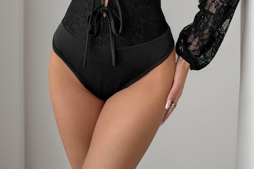 Puff-Sleeve Bow Lace Bodysuit Top  Product Image
