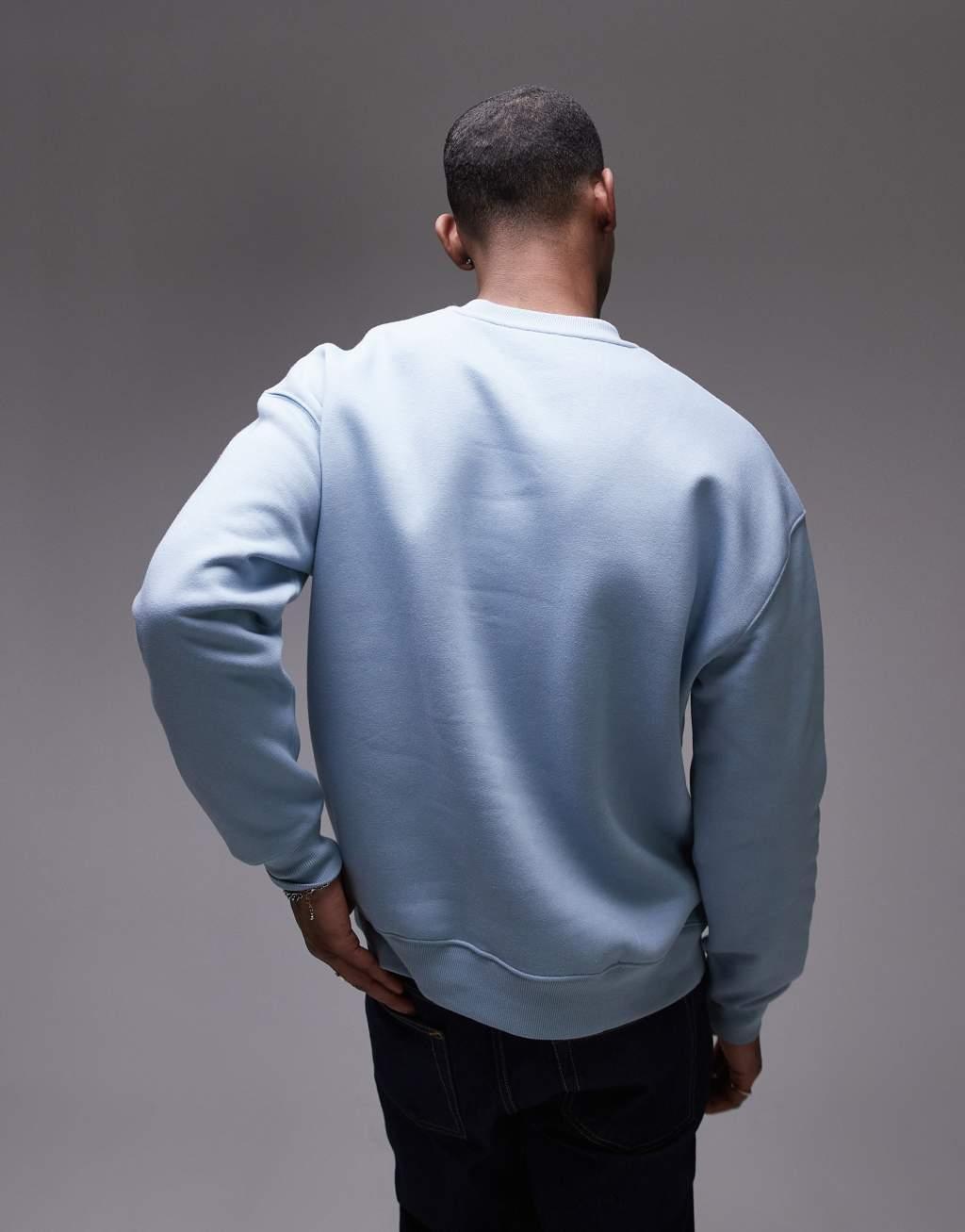 Topman oversized fit sweatshirt with floral embroidery in blue Product Image