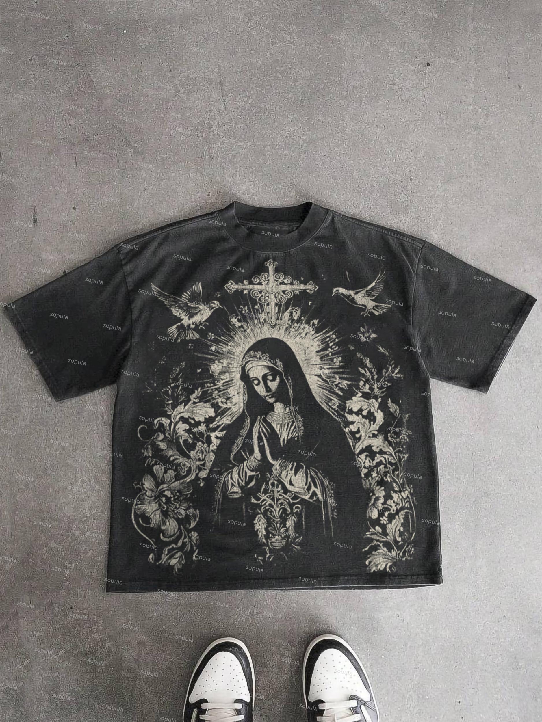 Sopula Virgin Mary Praying Vintage Graphic Acid Washed T-Shirt Product Image