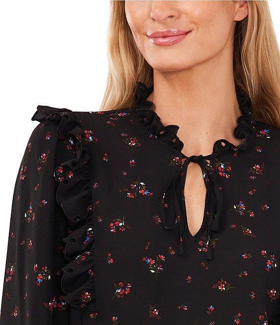 CeCe Woven Floral Print V-Neck Long Puff Ruffle Sleeve Blouse Product Image