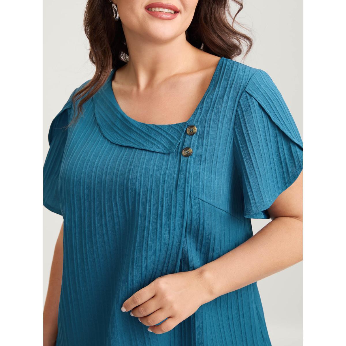 Plus Size Cerulean Textured Petal Sleeve Asymmetrical Neck Blouse Women Short sleeve Non Work Blouses BloomChic 26/4X Product Image