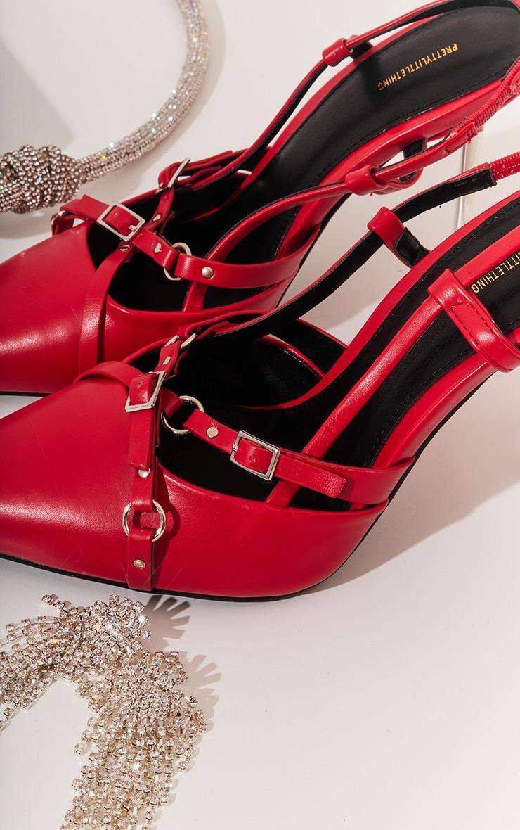 Red Faux Leather Point Toe Buckle Strap Sling Back High Heeled Mules Product Image