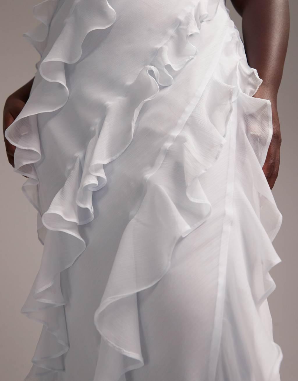 ASOS DESIGN Bridesmaids racer neck bias cut ruffle maxi dress in light blue Product Image