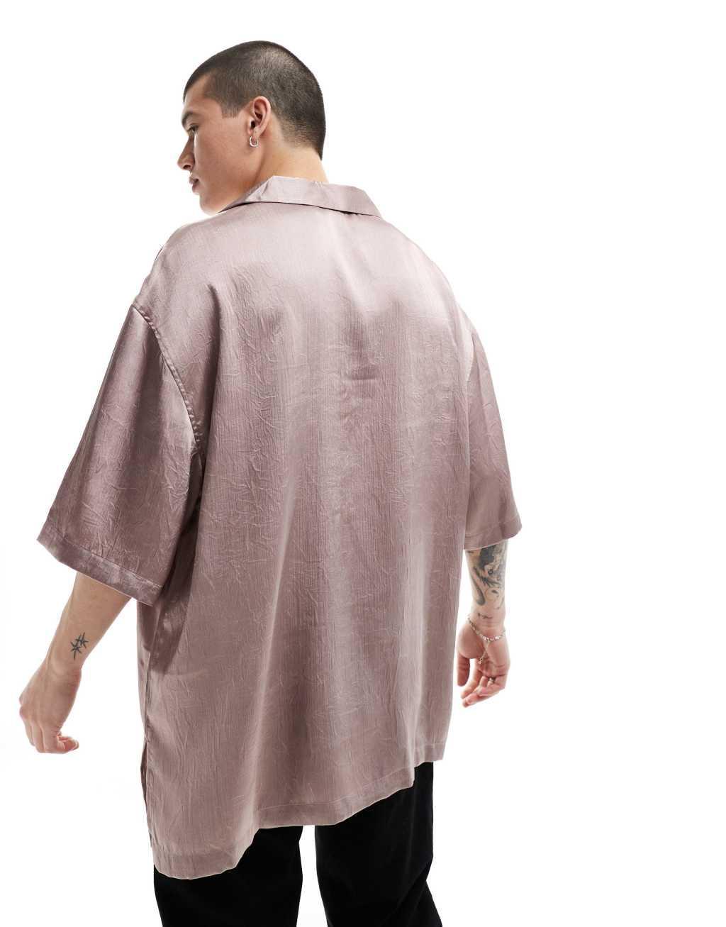 ASOS DESIGN short sleeve oversized bowling shirt with revere collar in dusty pink Product Image