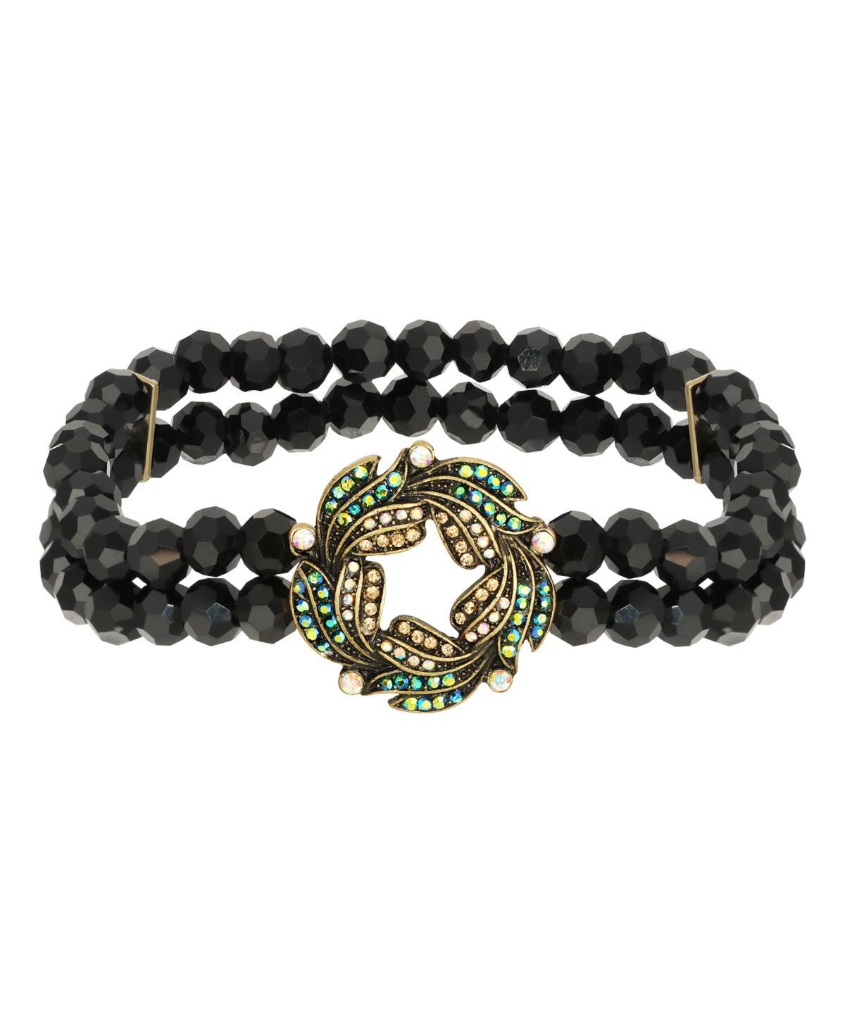 1928 Gold Tone Iridescent Glass Stone Wreath and Black Bead Bracelet, Womens Product Image