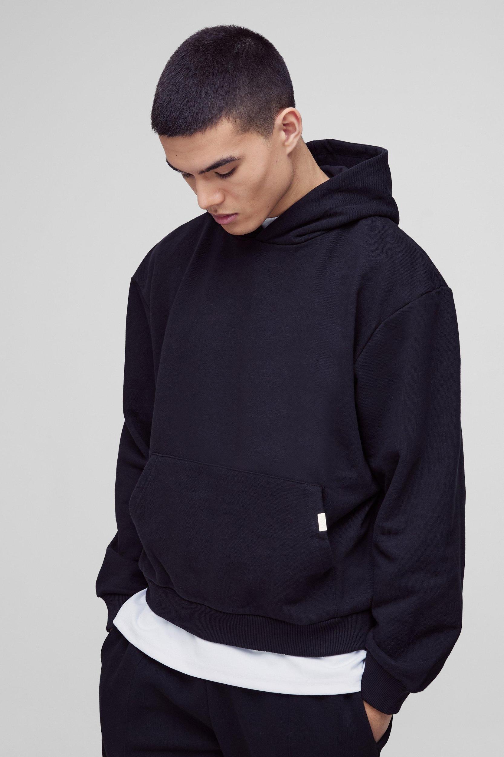 Mens Oversized Boxy Heavyweight Hoodie - Loopback - Black Product Image