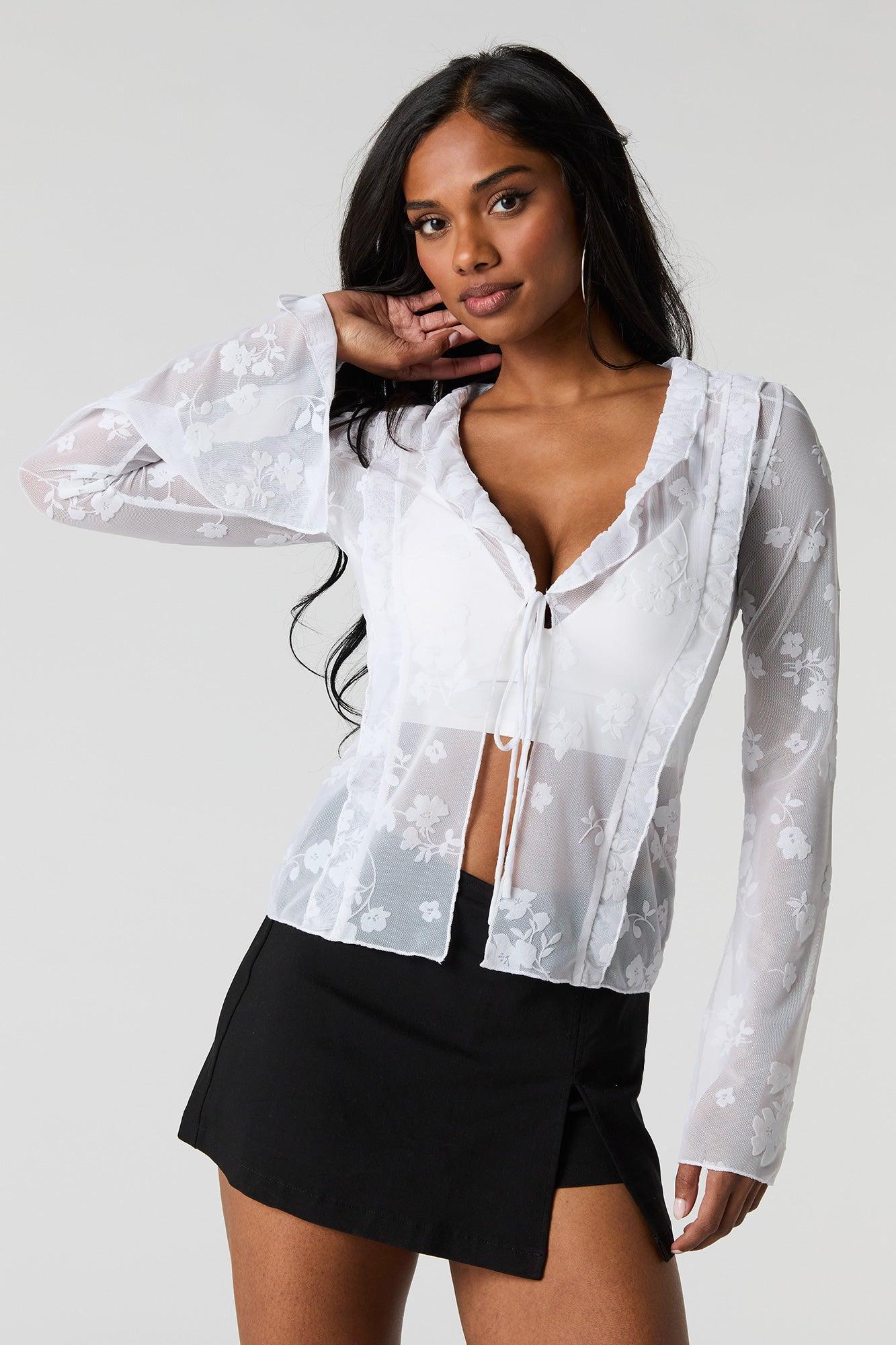 Floral Mesh Tie Front Flyaway Top Female Product Image