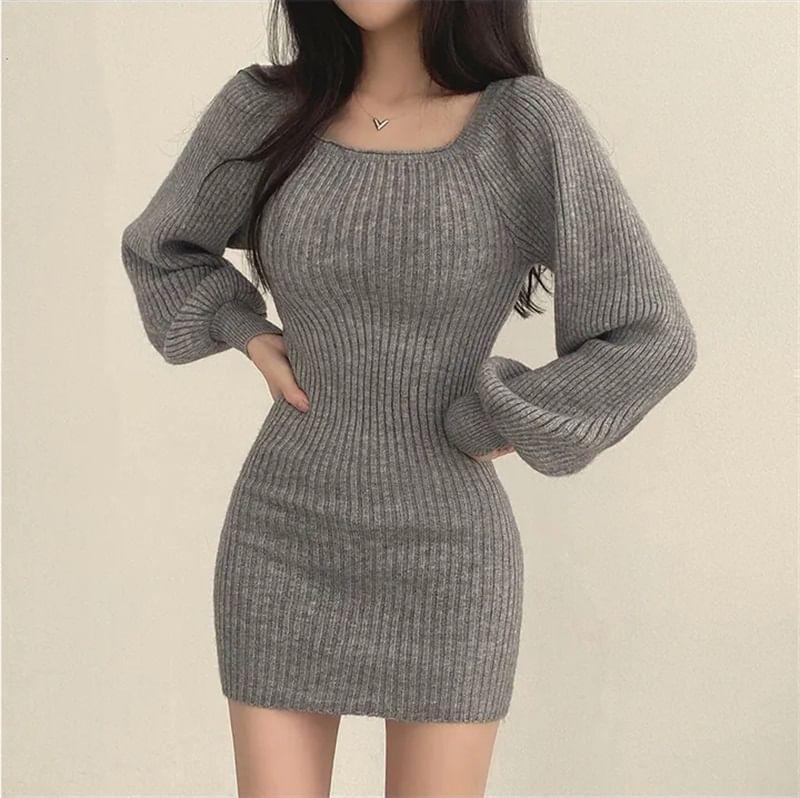 Square Neck Plain Mini Sheath Sweater Dress Product Image