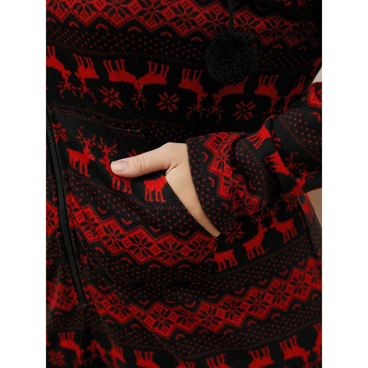 Plus Size Elk & Snowflake Print Pocket Drawstring Zipper Hooded Jumpsuit Women Scarlet Elegant Graphic-Halloween Zipper Hooded Pocket Loungewear BloomChic 22-24/3X Product Image