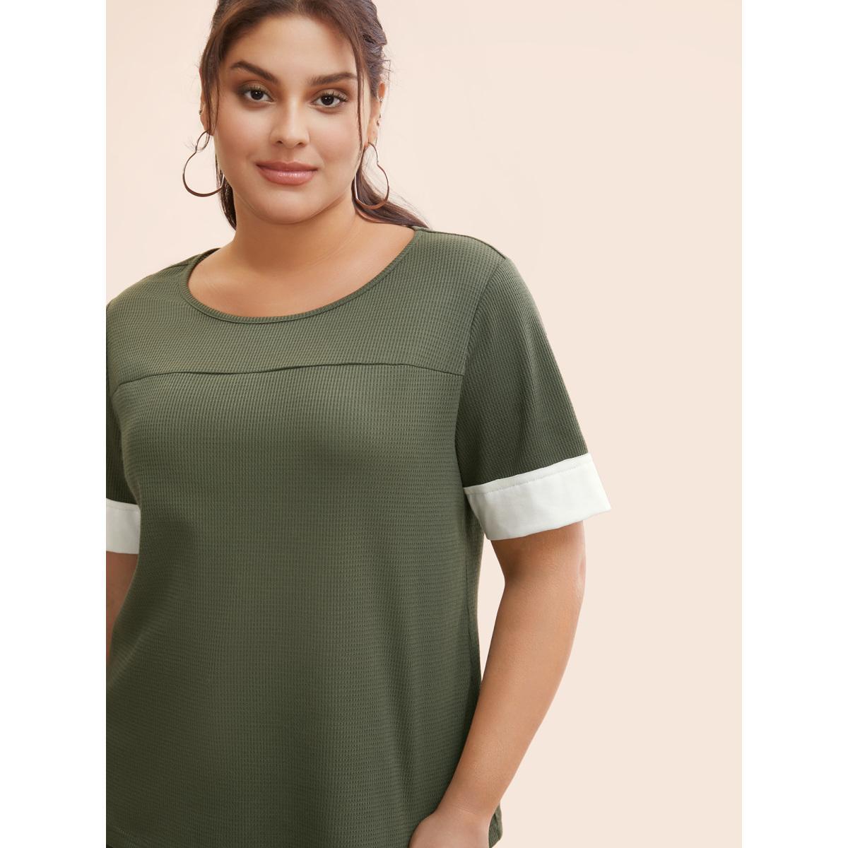 Plus Size Crew Neck Waffle Knit Patchwork Contrast T-shirt ArmyGreen Women Casual Texture Non Everyday T-shirts BloomChic 10/M Product Image