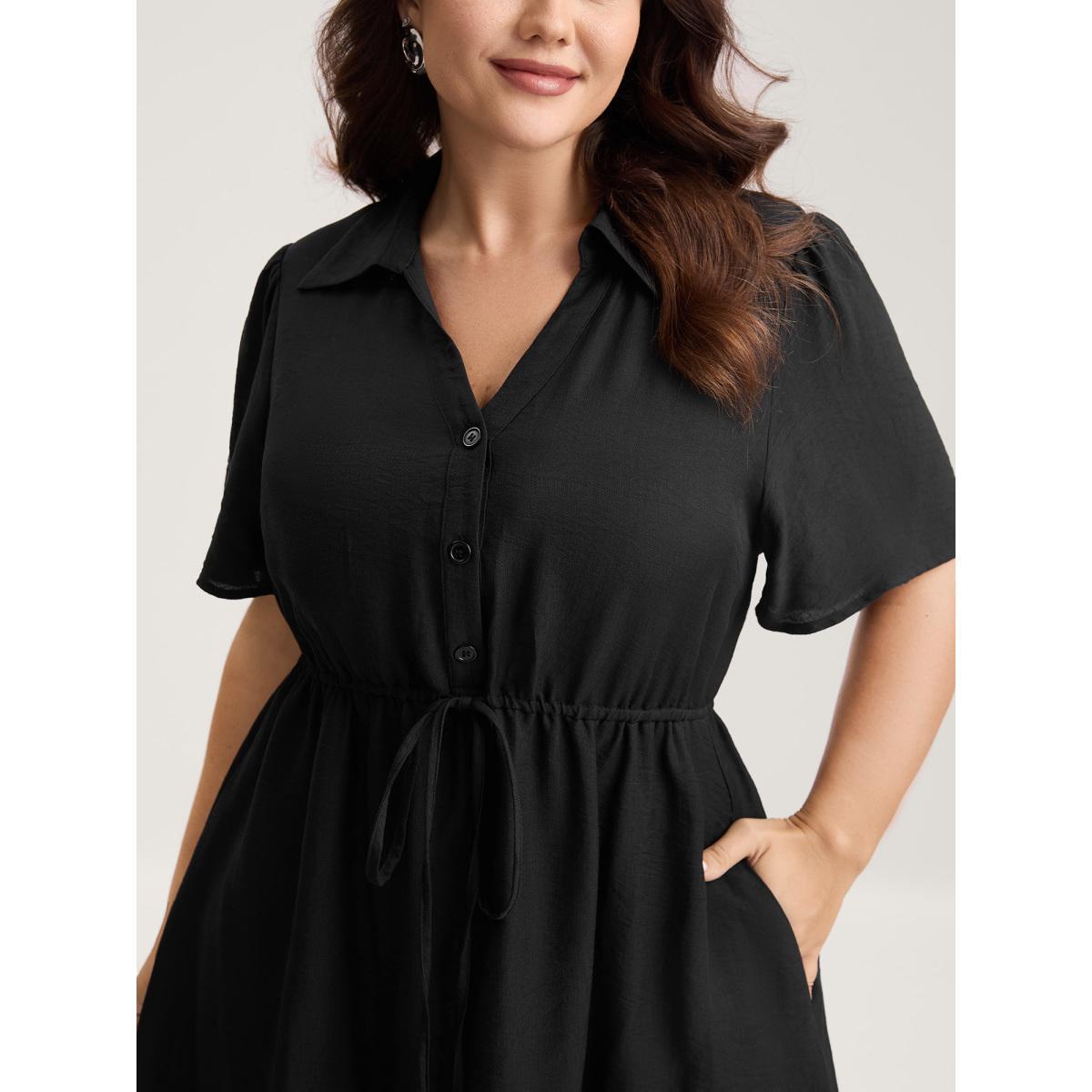 Plus Size Button Placket Waist-Tie Midi Dress Black Women Notched collar Short sleeve Curvy BloomChic 12/L Product Image