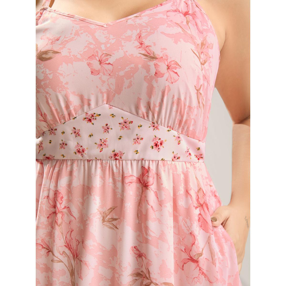 Plus Size Breezy Floral Print Spliced Maxi Dress Lightpink Women Heart neckline Sleeveless Curvy BloomChic 12/L Product Image