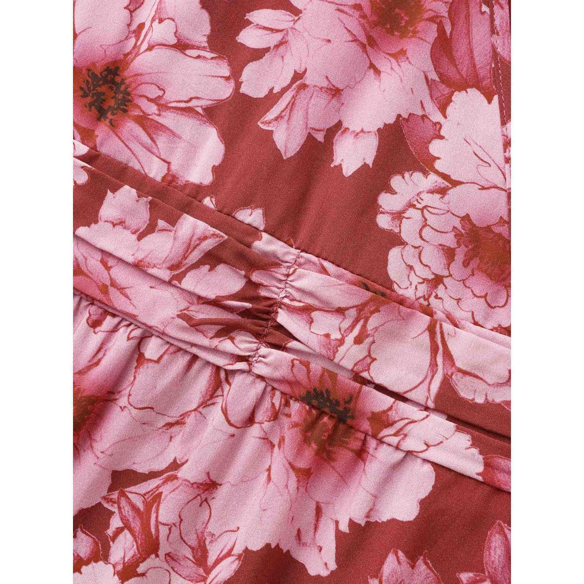 Plus Size Floral Overlap Collar Ruffle Trim Dress RedViolet Women Elegant Gathered Overlap Collar Long Sleeve Curvy BloomChic 14-16/1X Product Image