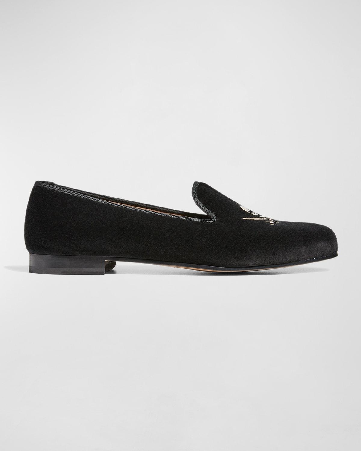 Men's Jolly Roger Skull Embroidered Velvet Smoking Slippers Product Image