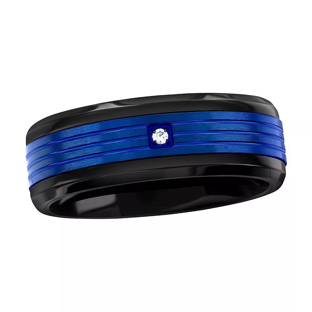Metallo Men's Black and Blue Stainless Steel Cubic Zirconia Ring, Size: 9 Product Image