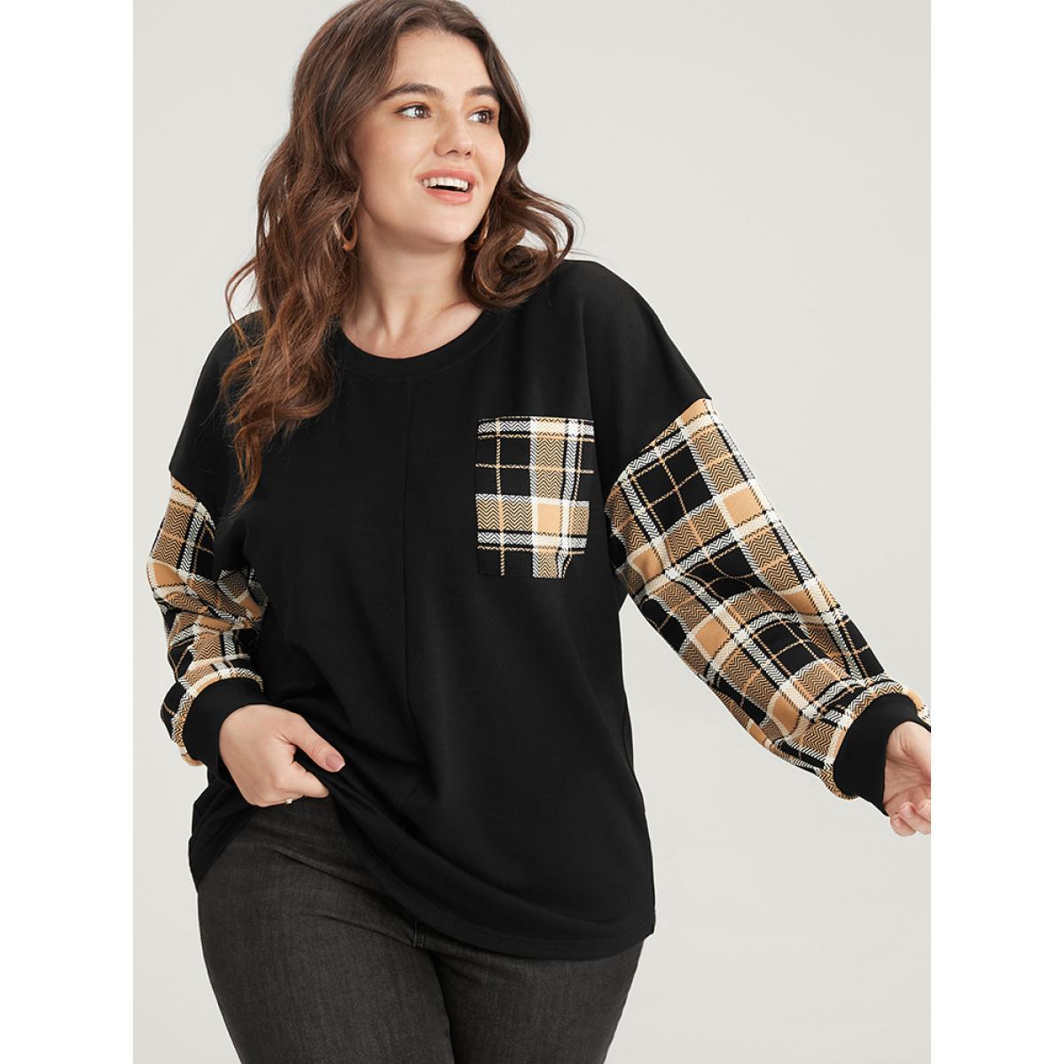 Plus Size Plaid Patchwork Pocket Round Neck Sweatshirt Women Black Casual Patchwork Round Neck Dailywear Sweatshirts BloomChic 18-20/2X Product Image