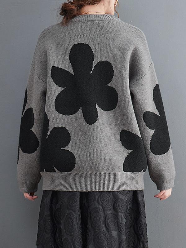 Casual Loose Long Sleeves Contrast Color Jacquard Round-Neck Sweater Tops Product Image