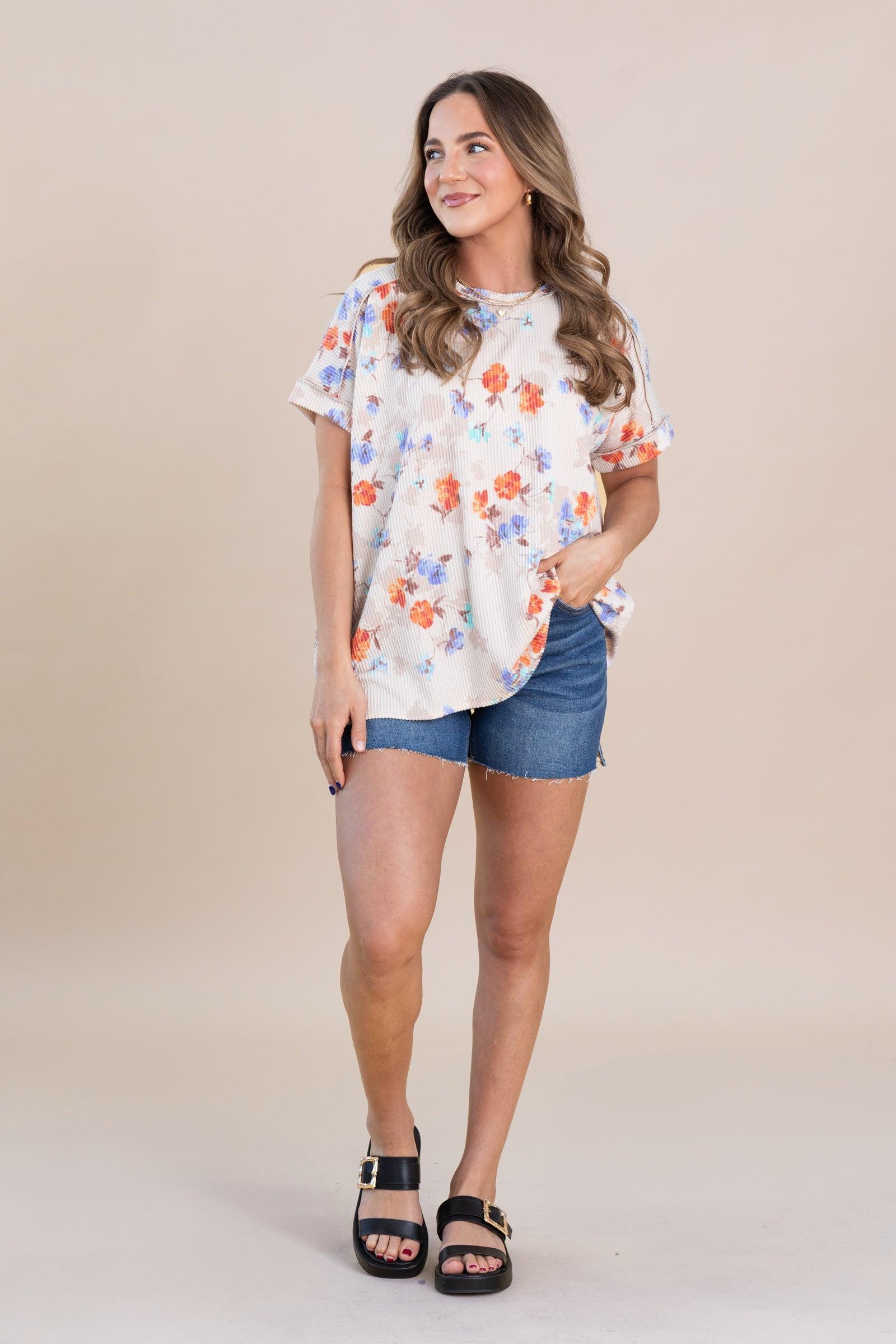 Beige Ribbed Short Sleeve Floral Knit Top Product Image