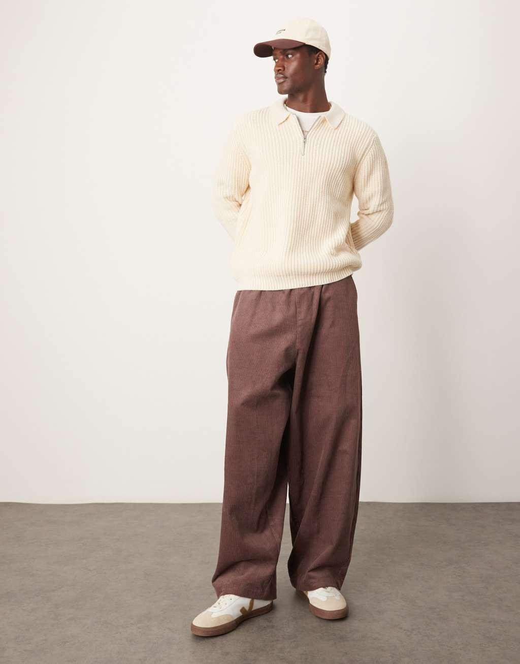 ASOS DESIGN wool mix oversized heavyweight quarter zip rib sweater with collar in oatmeal Product Image