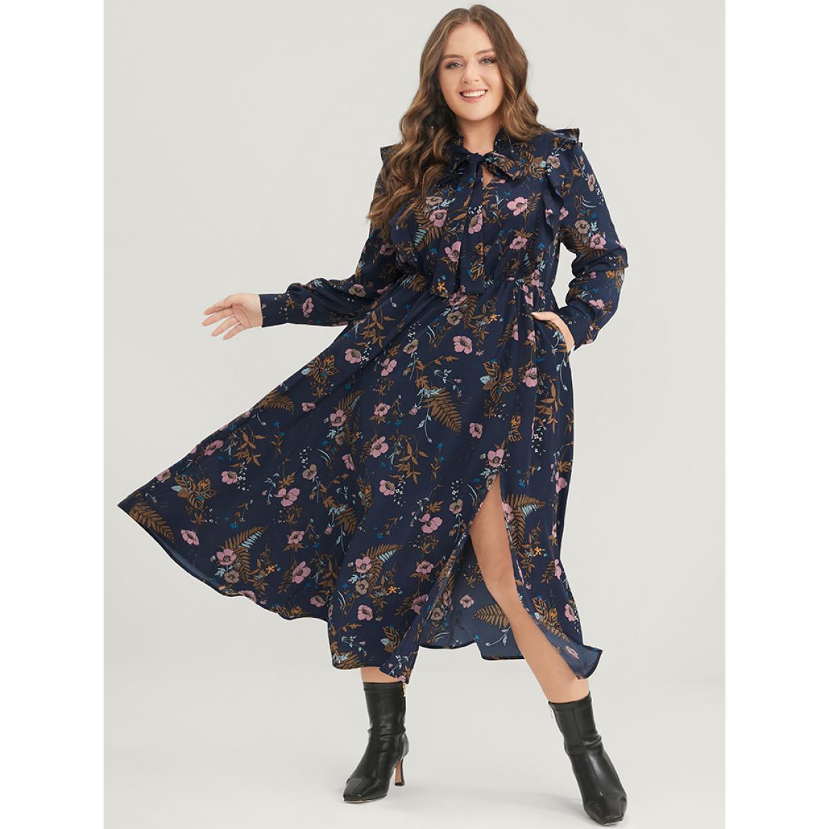 Plus Size Floral Pocket Knotted Neck Ruffle Trim Split Dress DarkBlue Women Elegant Knotted Tie Neck Long Sleeve Curvy Midi Dress BloomChic 10/M Product Image