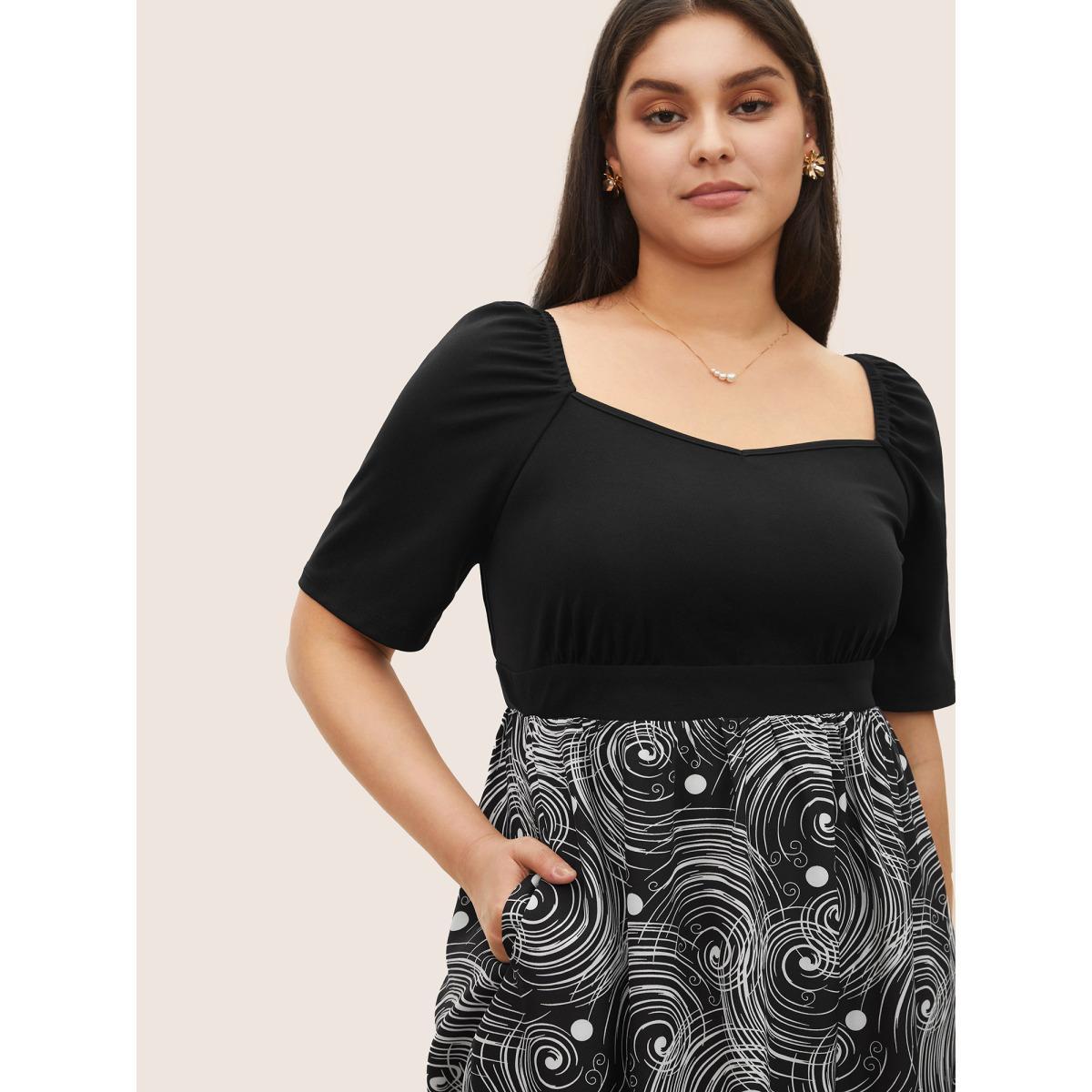 Plus Size Figurative Print Patchwork Pleated Square Neck Dress Black Women At the Office Gathered Square Neck Short sleeve Curvy Midi Dress BloomChic 14-16/1X Product Image