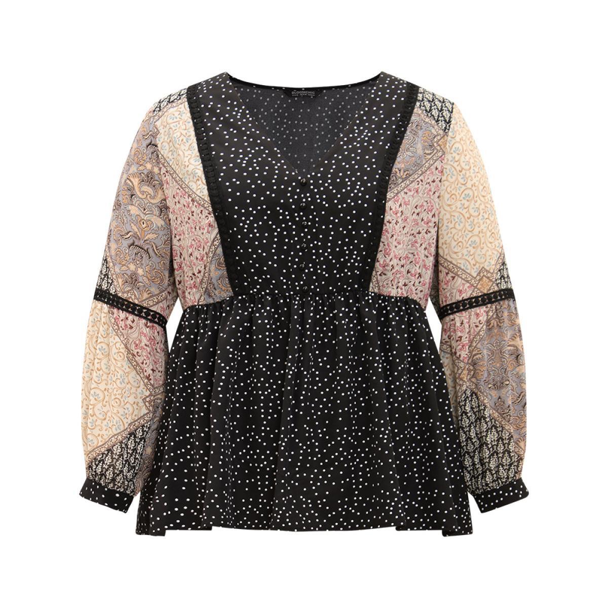 Plus Size BlackFlower Bandana Polka Dot Patchwork Contrast Blouse Women Vacation Long Sleeve V-neck Vacation Blouses BloomChic 30/6X Product Image