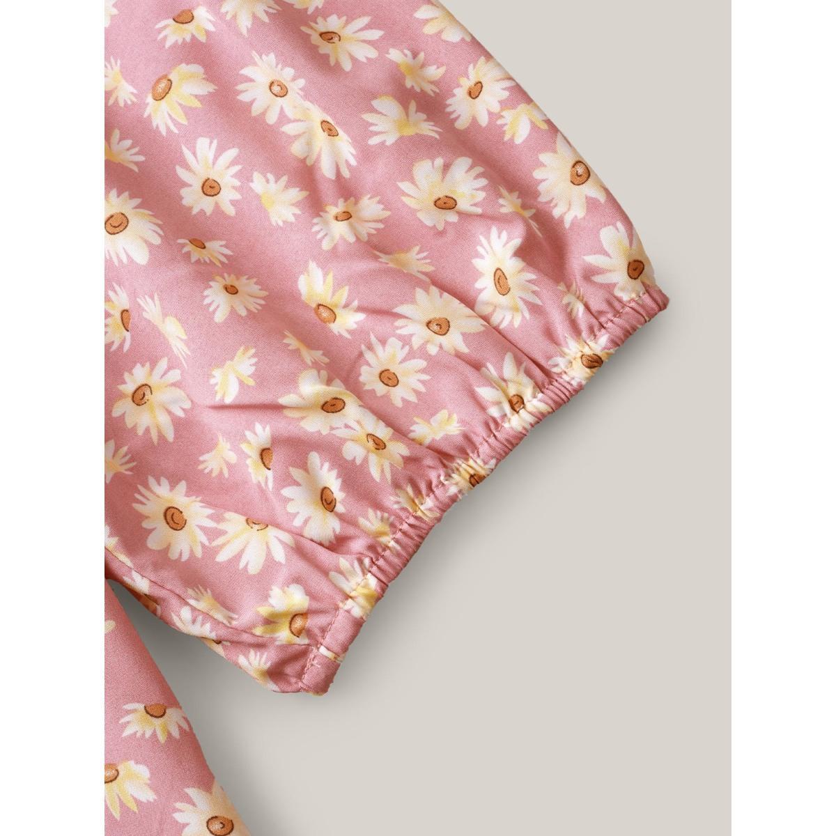 Plus Size Lightpink Daisy Patterned Ruffled Collar Blouse Women Elegant Elbow-length sleeve Square Neck Everyday Blouses BloomChic 10/M Product Image